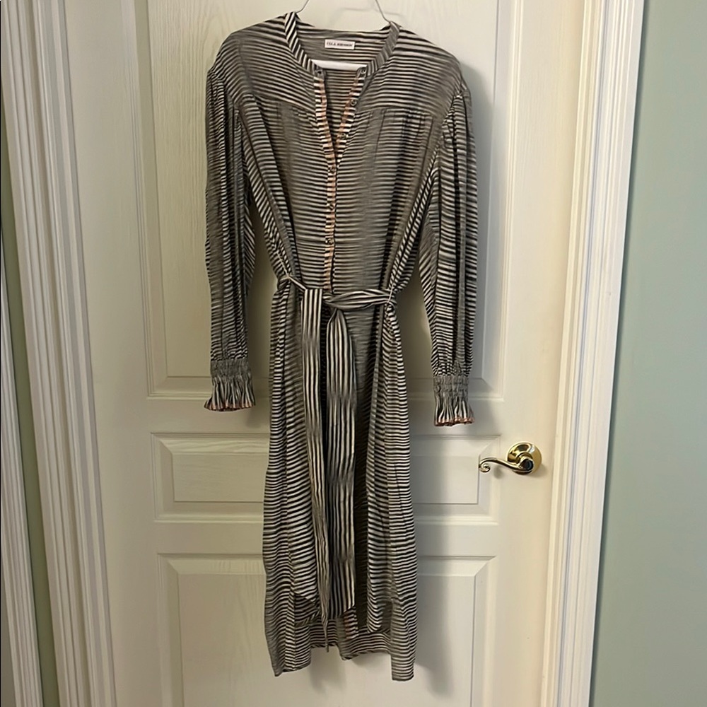 Ulla Johnson Black and White Striped Long Sleeve Midi Dress